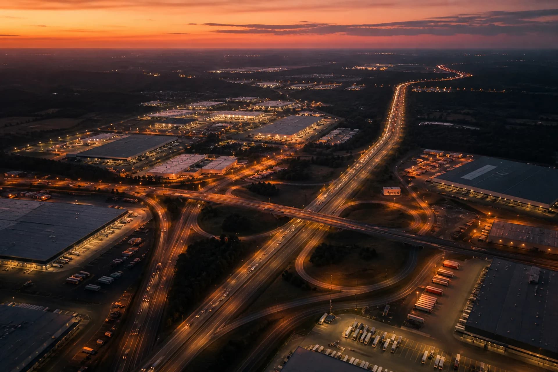 Vista aérea al atardecer de un corredor logístico y su intercambio vial.