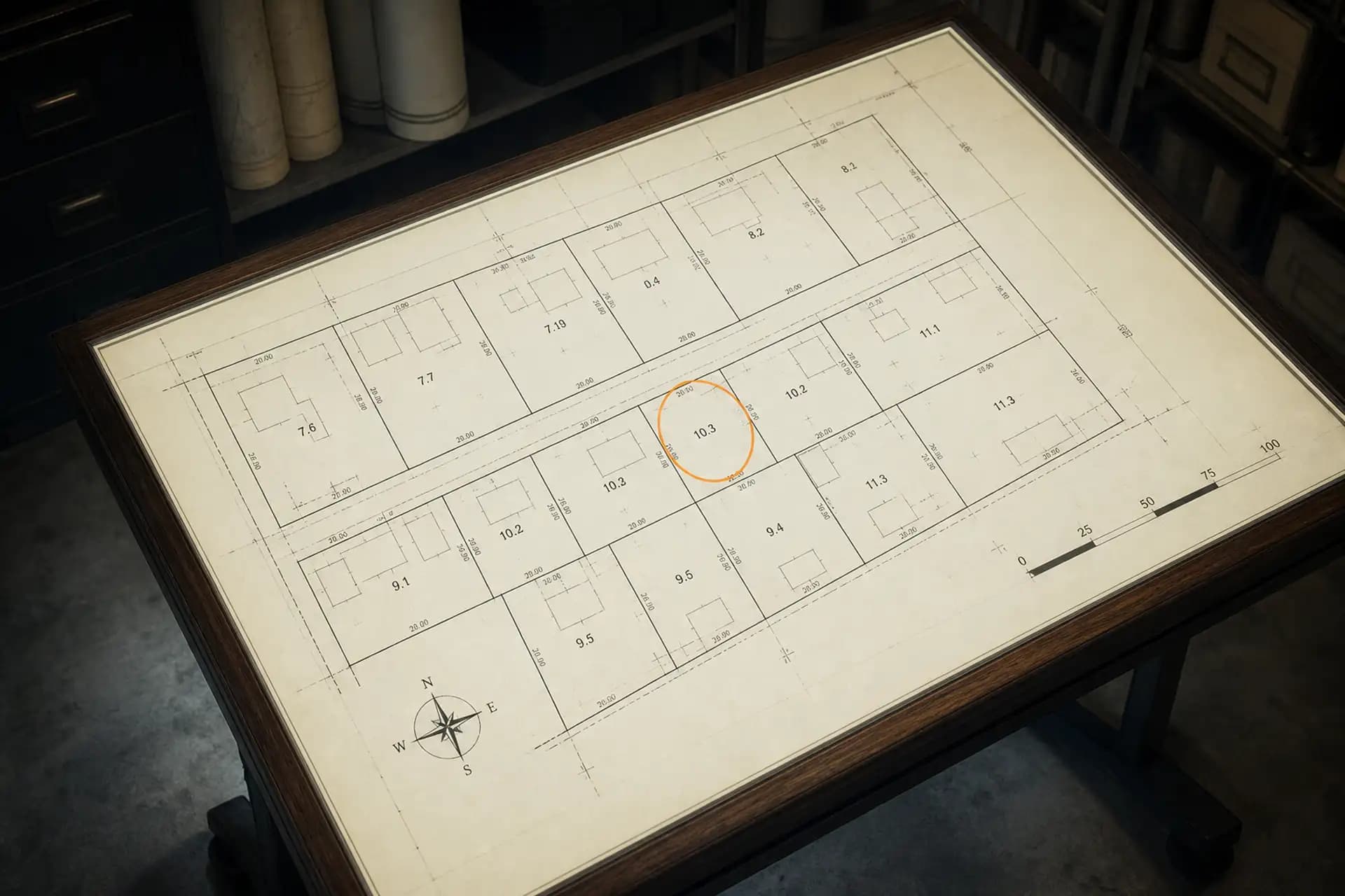 Plano de predios sobre mesa de luz, con un lote marcado.