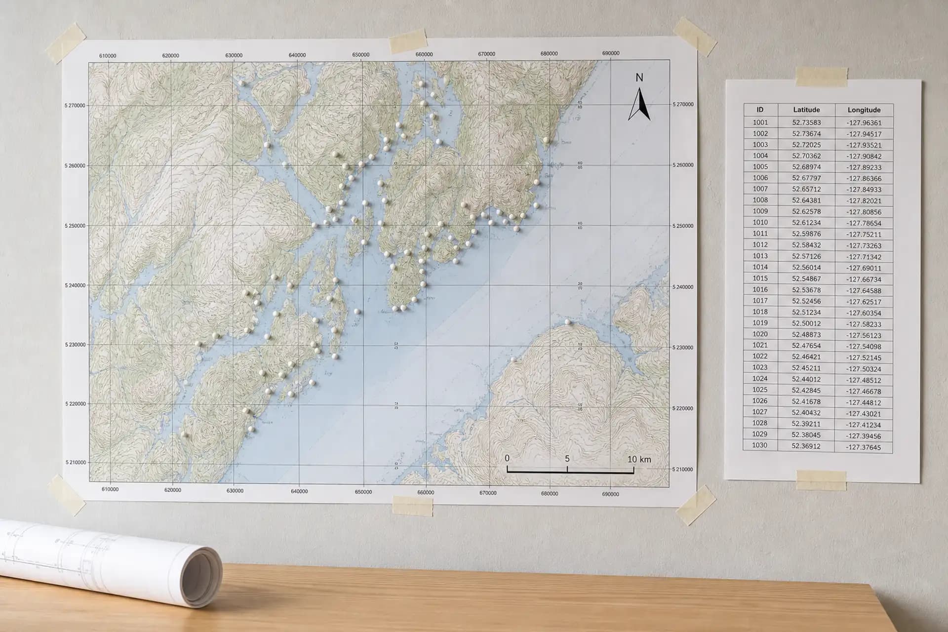 Mapa topográfico con pines y tabla de coordenadas.