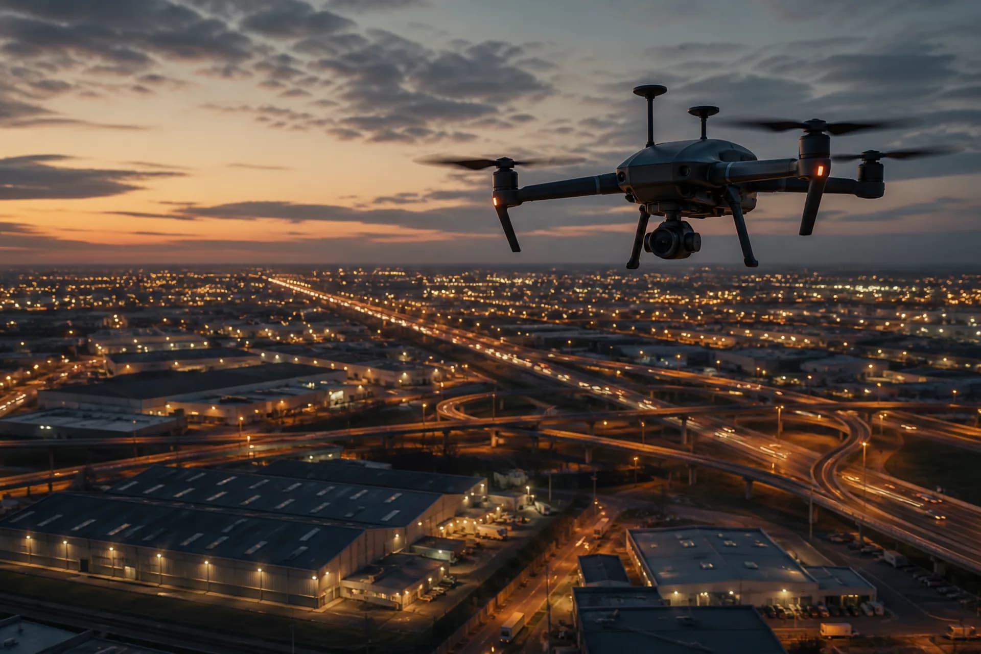 Dron de captura en vuelo sobre un corredor industrial.