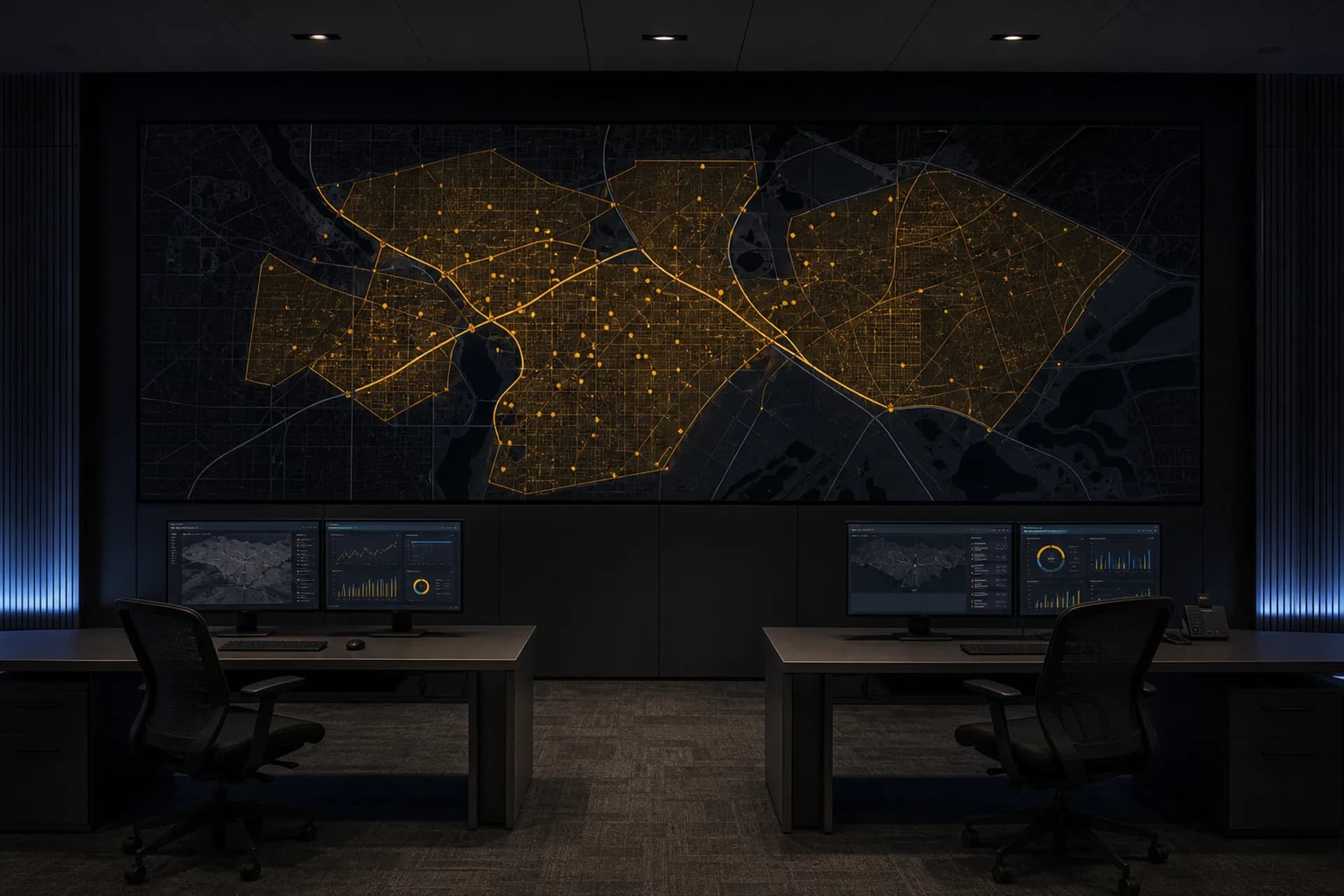 Centro de operaciones con mapa de cobertura en pantalla.