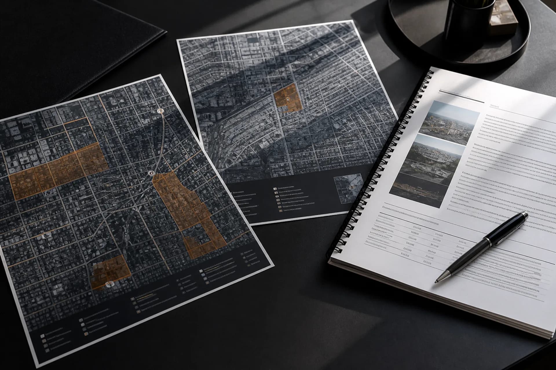 Mapas de cobertura impresos y un documento de alcance sobre un escritorio.